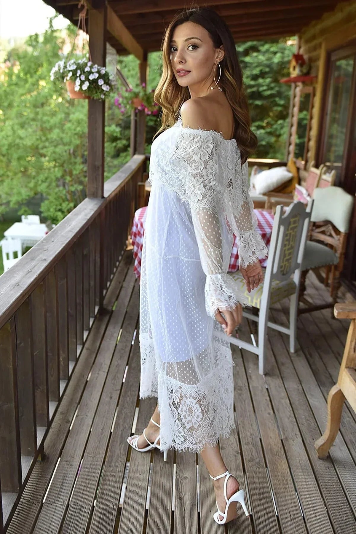 Women's White Tulle Carmen Neck Madonna Güpür Dress