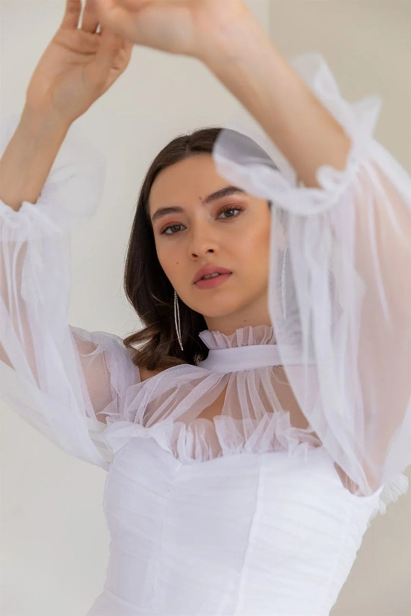 Women's White Tulle Draped Plus Size Evening Gown