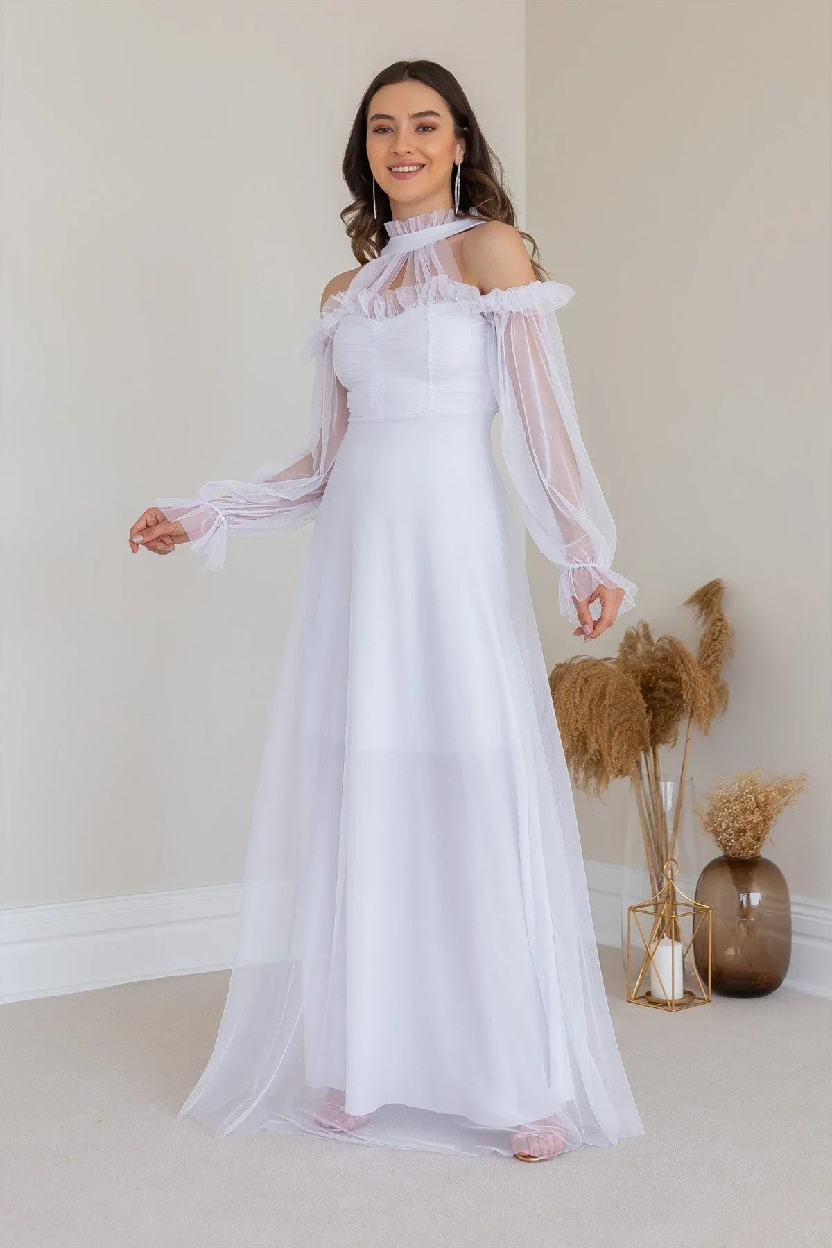 Women's White Tulle Draped Plus Size Evening Gown