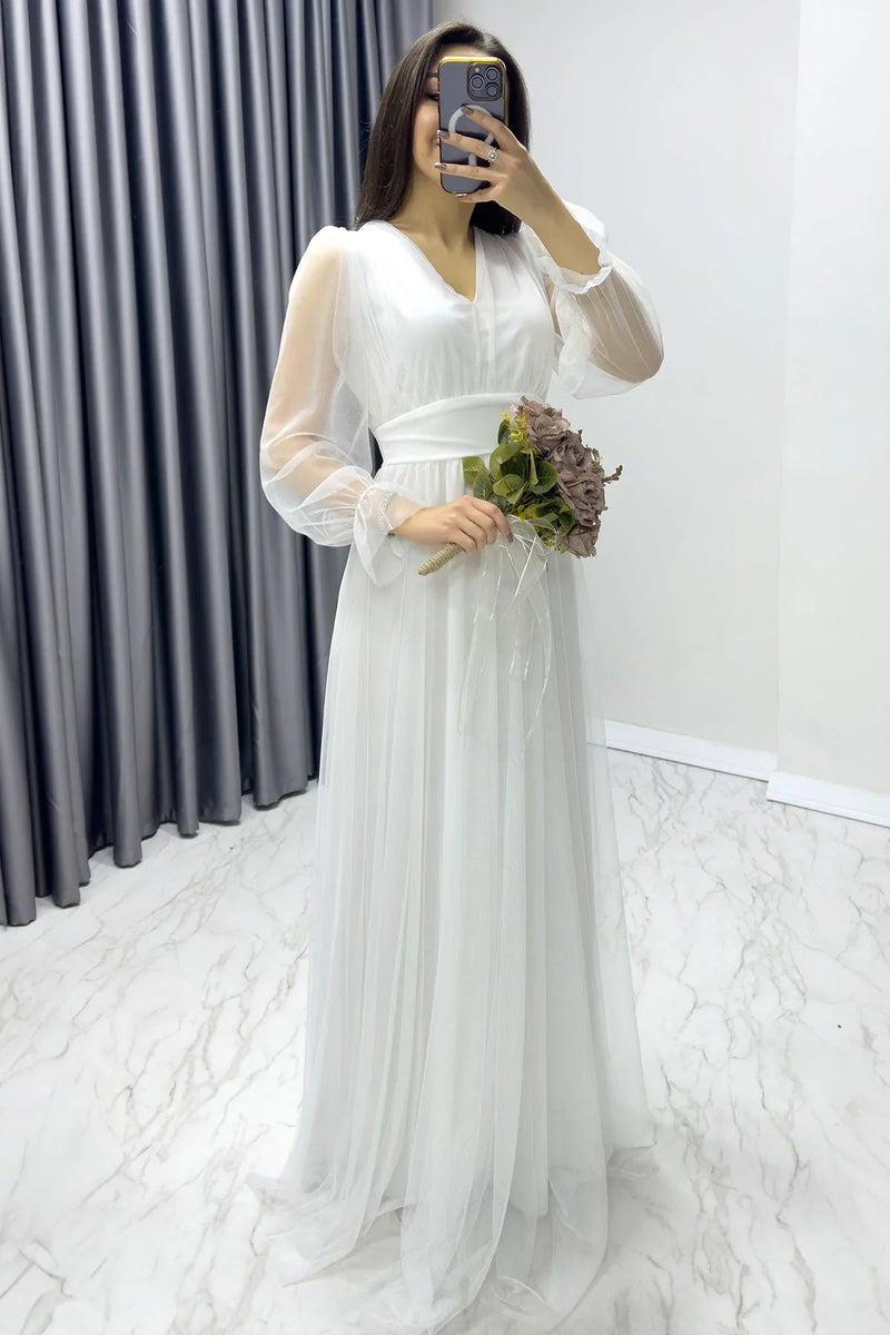 Women's White V-Neck Tulle Evening Gown