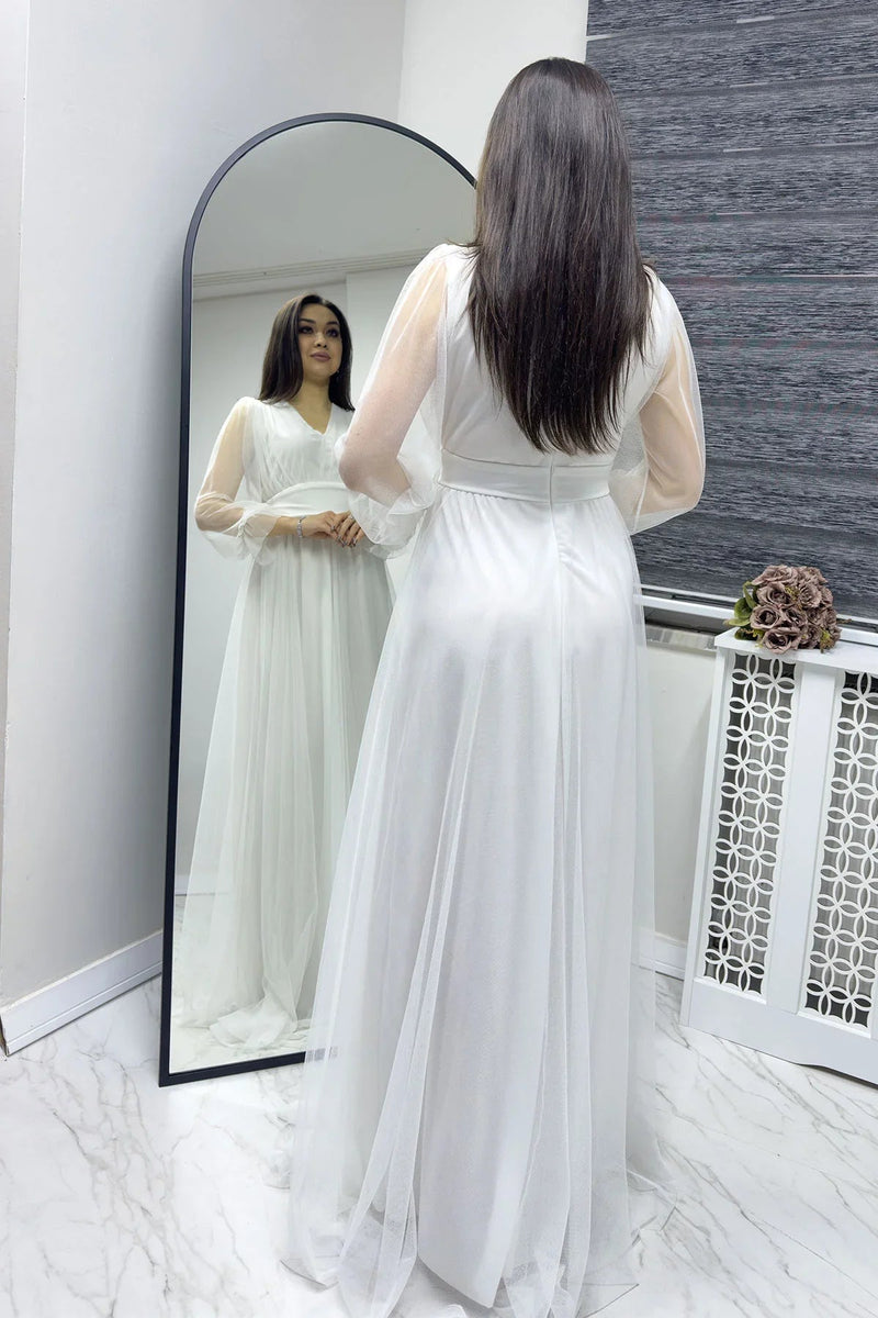Women's White V-Neck Tulle Evening Gown