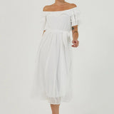 White Ruffled Madonna Collar Plus Size Chiffon Dress
