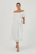 White Ruffled Madonna Collar Plus Size Chiffon Dress
