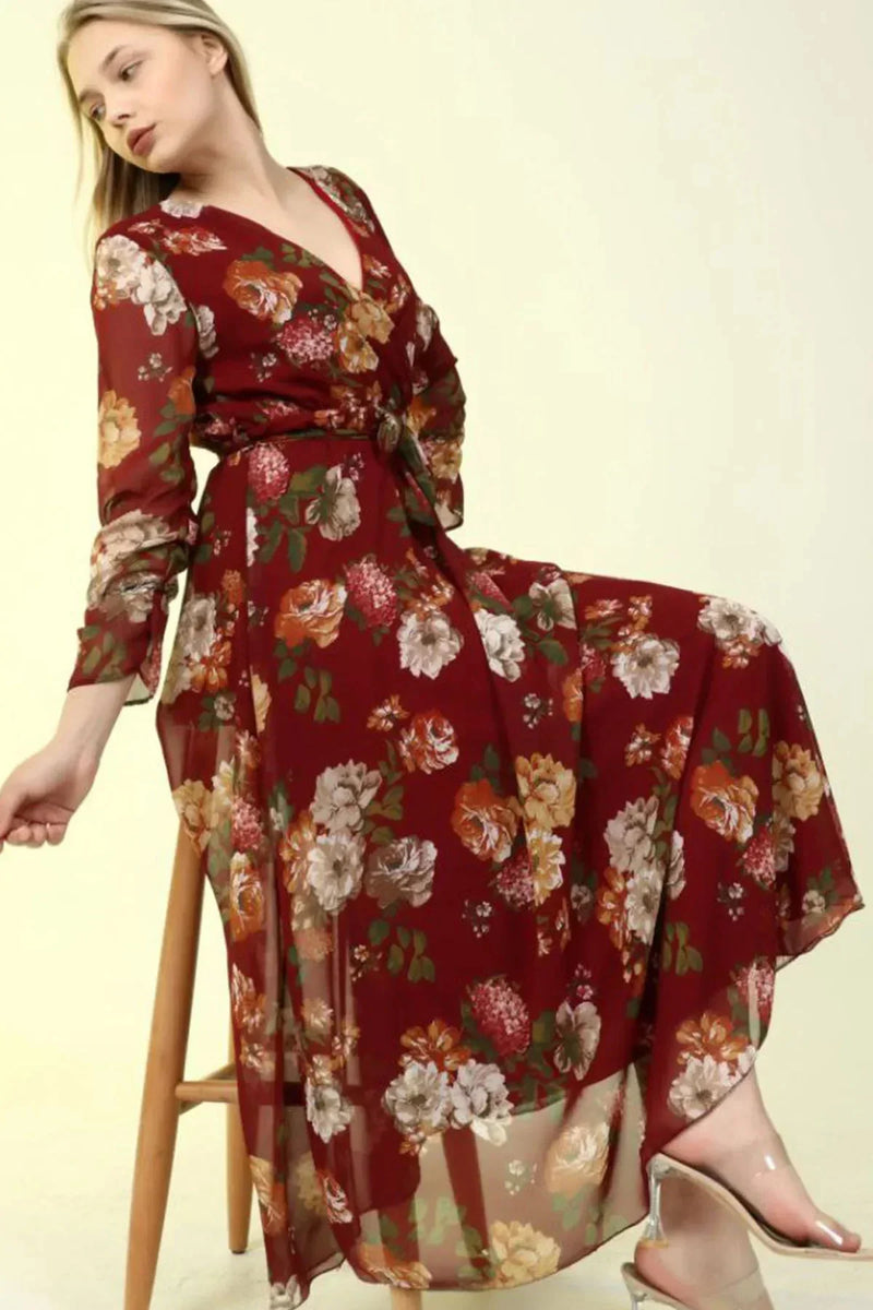 Women's Burgundy Floral Wrap Neck Chiffon Plus Size Dress