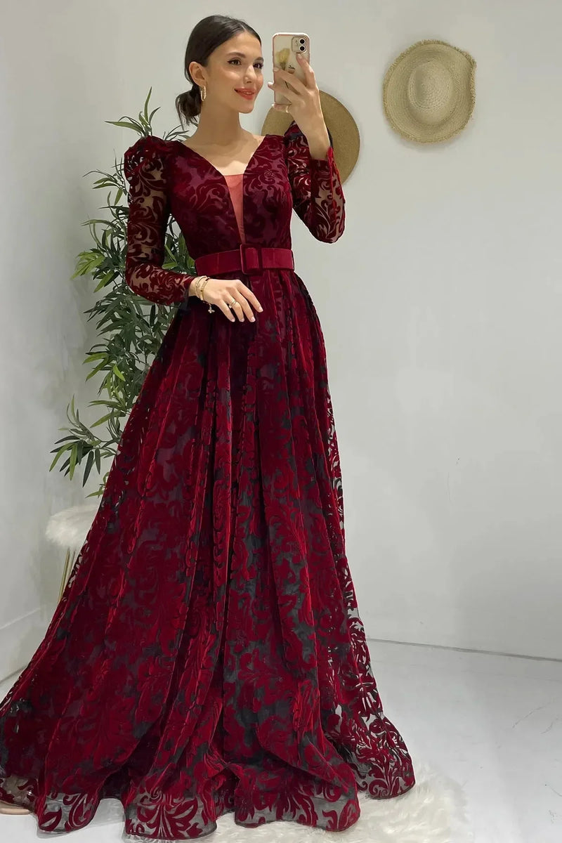 Women's Burgundy Flocked Print Belted Plus Size Evening Gown
