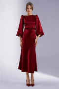 Burgundy Belted Balloon Sleeve Midi Satin Plus Size Evening Dress