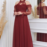 Burgundy Maxi Sleeveless Tulle Evening Dress