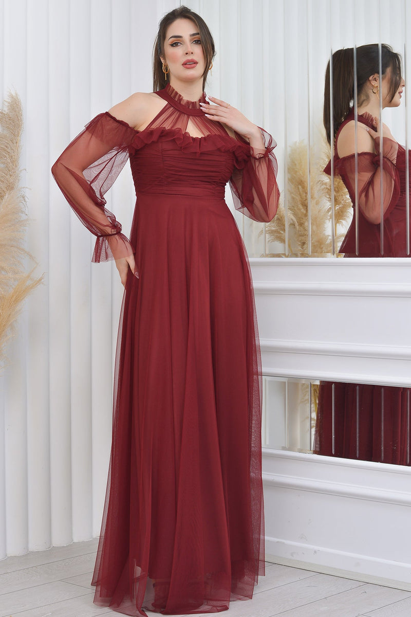 Women's Burgundy Tulle Draped Plus Size Evening Gown