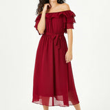 Burgundy Ruffled Madonna Collar Plus Size Chiffon Dress