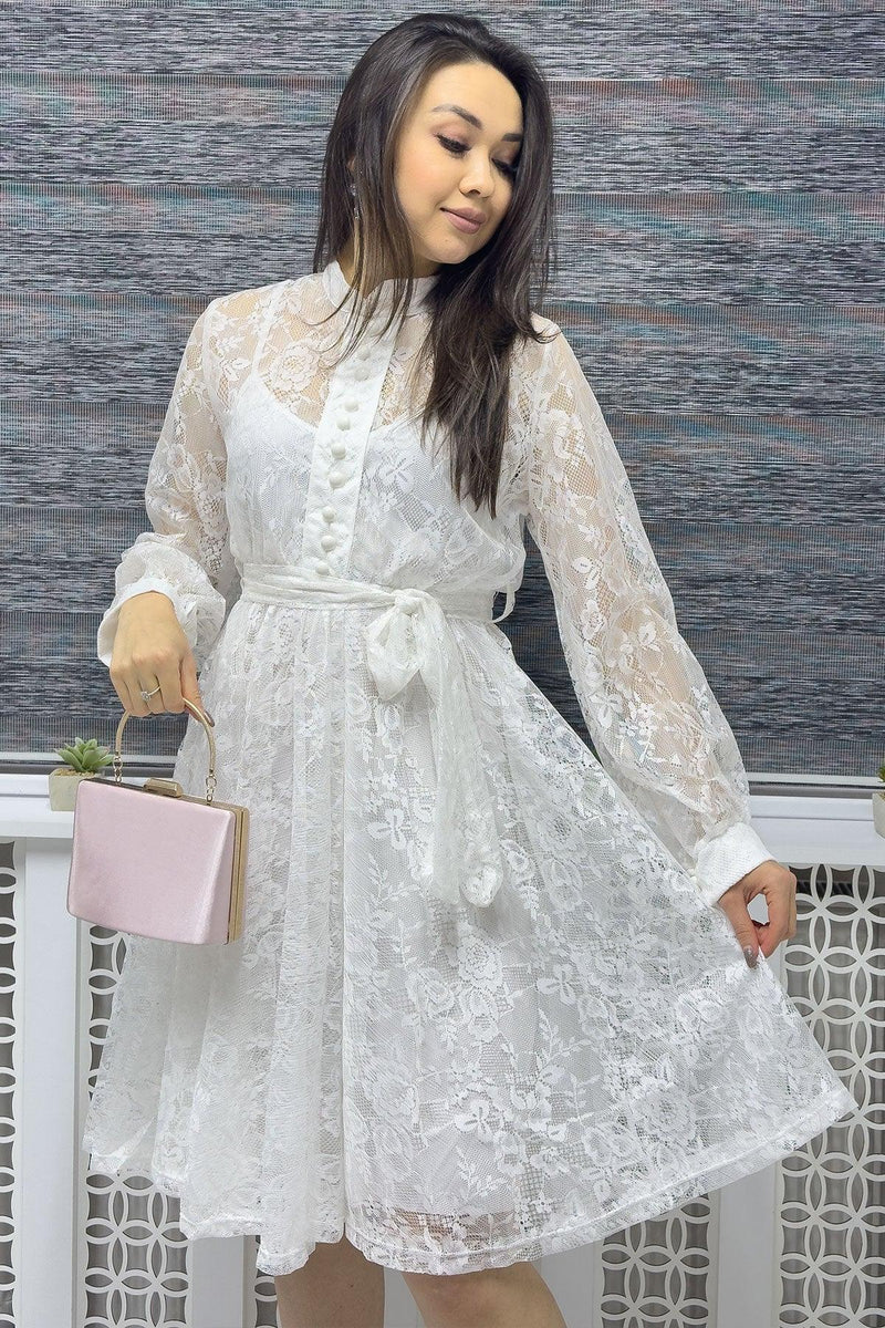 Women's White Çan Fransız Güpür Buttoned Plus Size Evening Gown