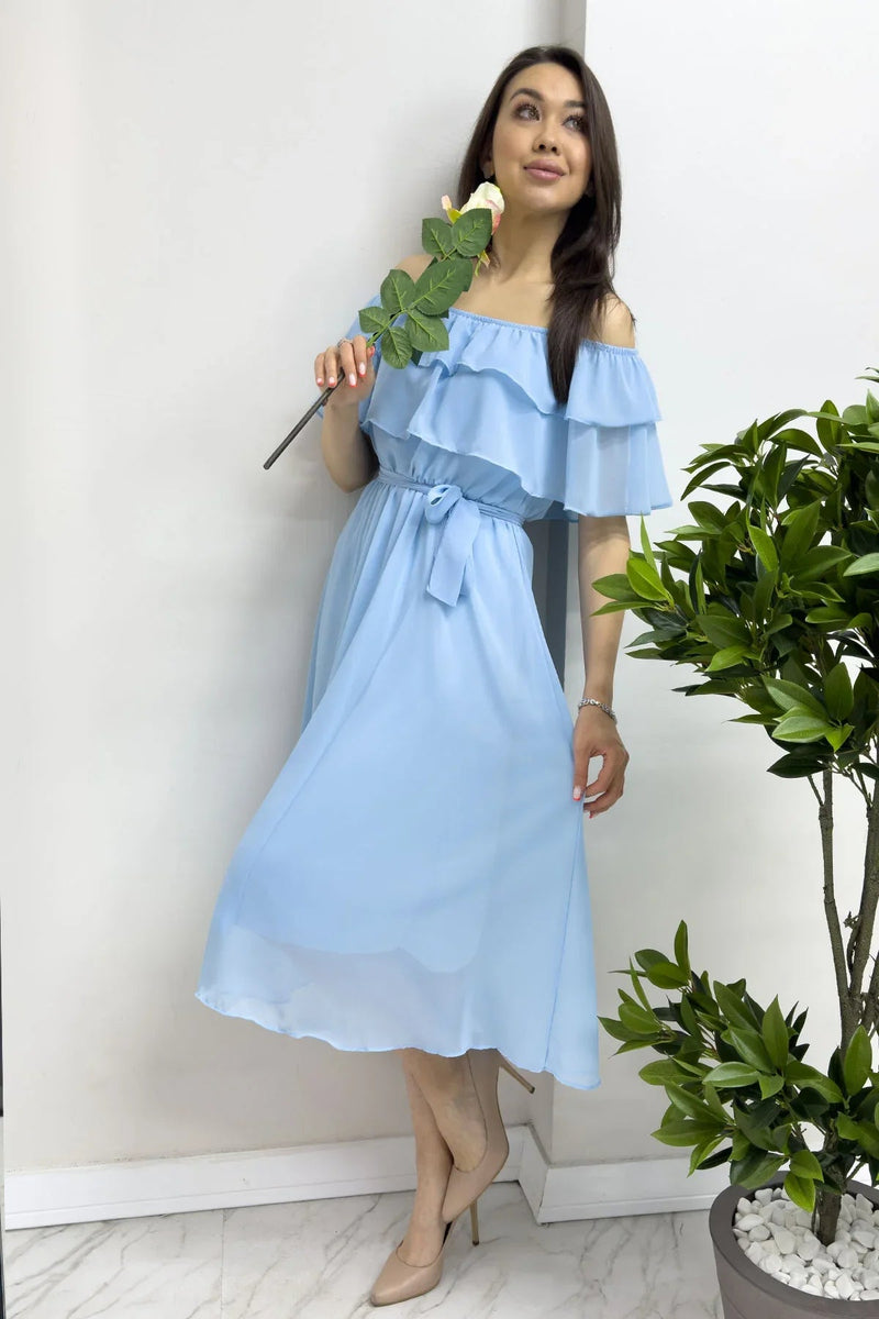 Women's Baby Bluesi Madonna Carmen Ruffle Neck Plus Size Chiffon Dress
