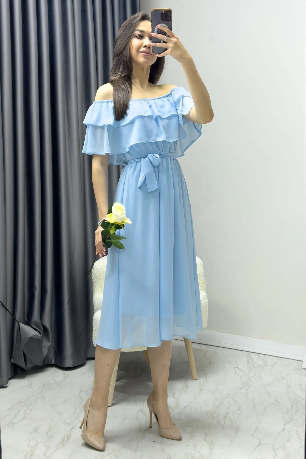 Women's Baby Bluesi Madonna Carmen Ruffle Neck Plus Size Chiffon Dress