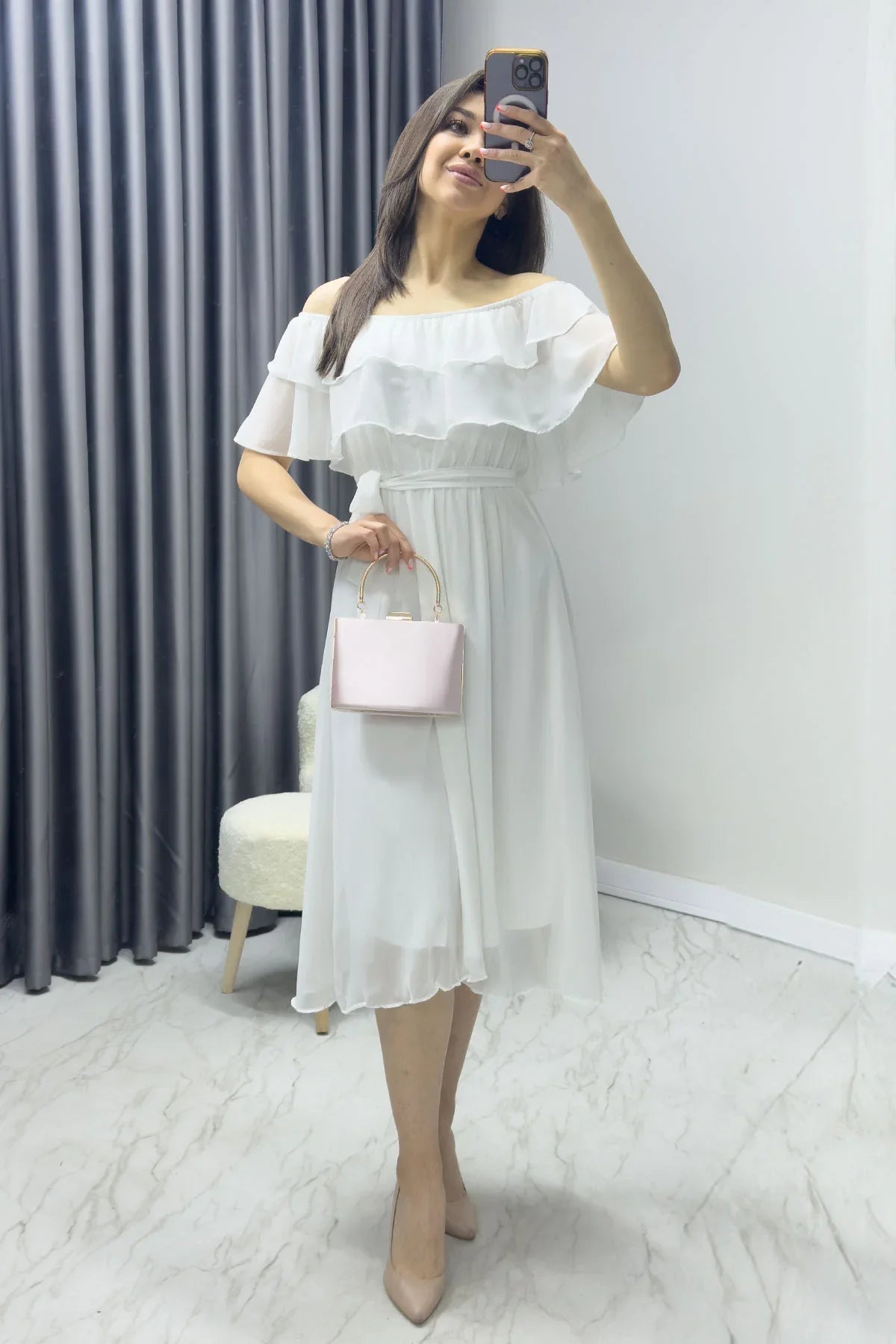 Women's White Madonna Carmen Ruffle Neck Plus Size Chiffon Dress