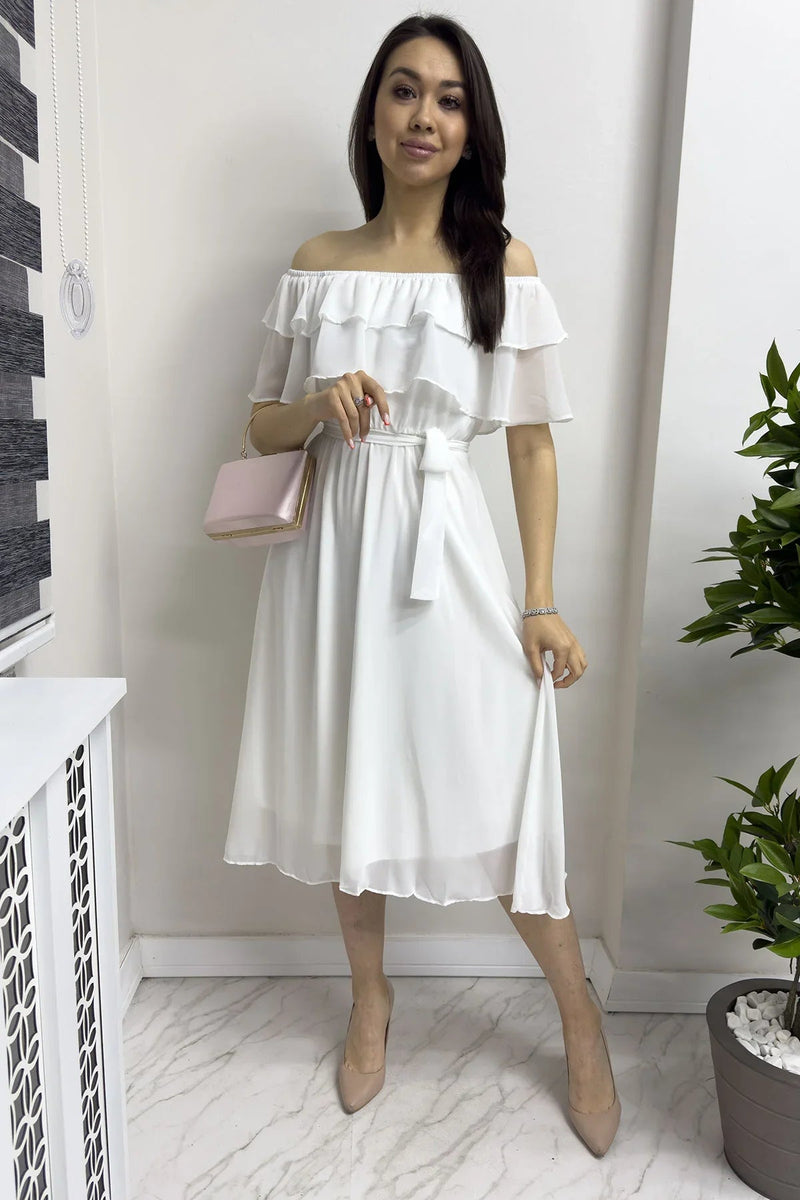 Women's White Madonna Carmen Ruffle Neck Plus Size Chiffon Dress