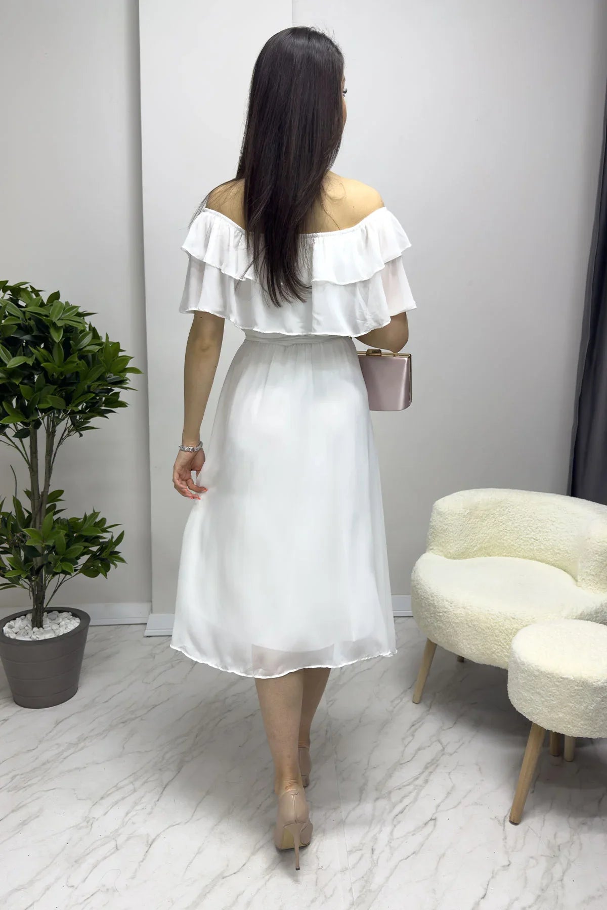 Women's White Madonna Carmen Ruffle Neck Plus Size Chiffon Dress