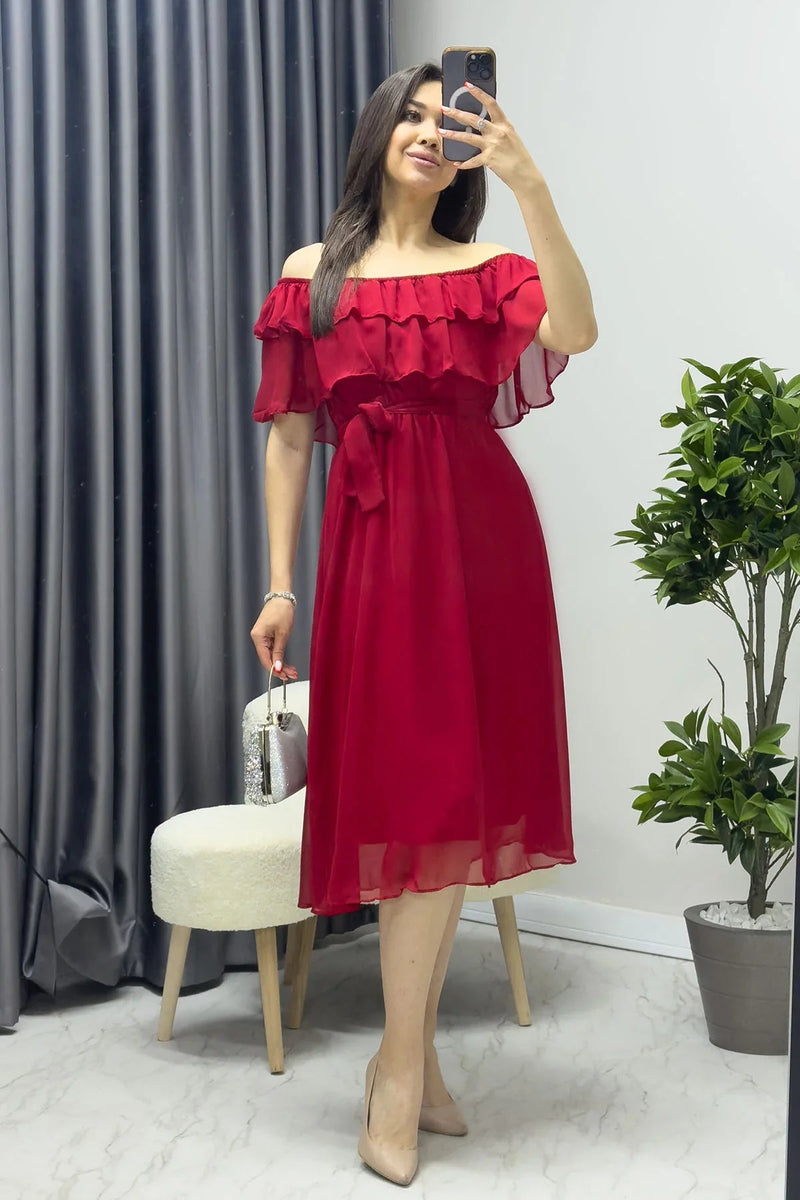 Women's Red Madonna Carmen Ruffle Neck Plus Size Chiffon Dress