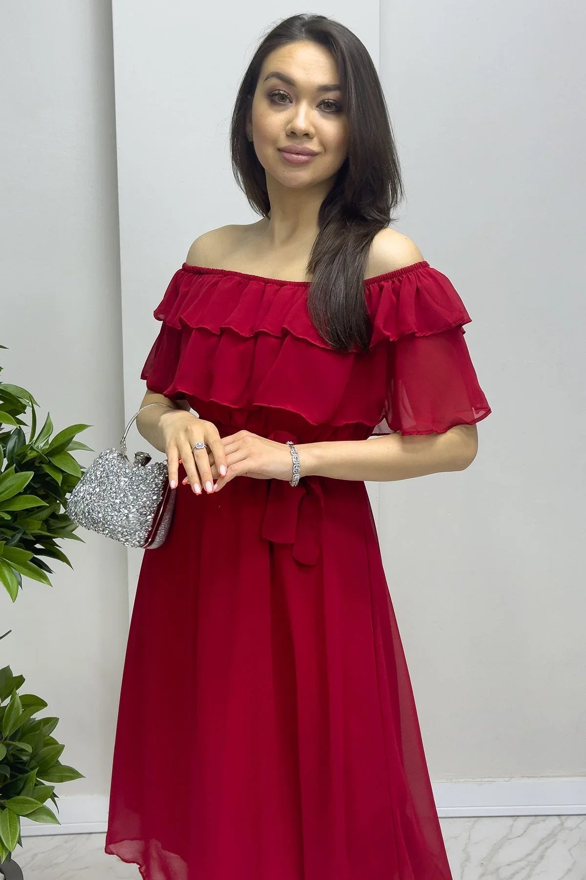 Women's Red Madonna Carmen Ruffle Neck Plus Size Chiffon Dress