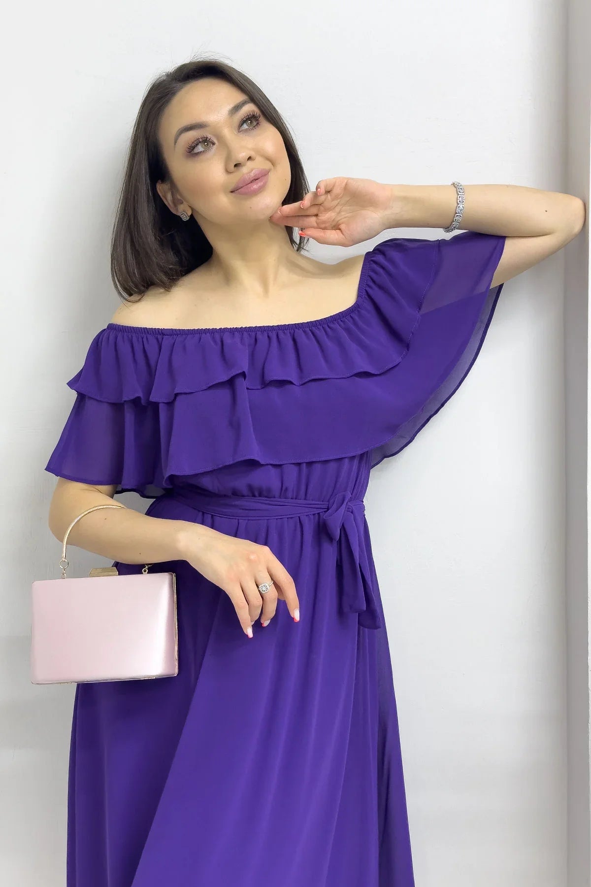 Women's Purple Madonna Carmen Ruffle Neck Plus Size Chiffon Dress