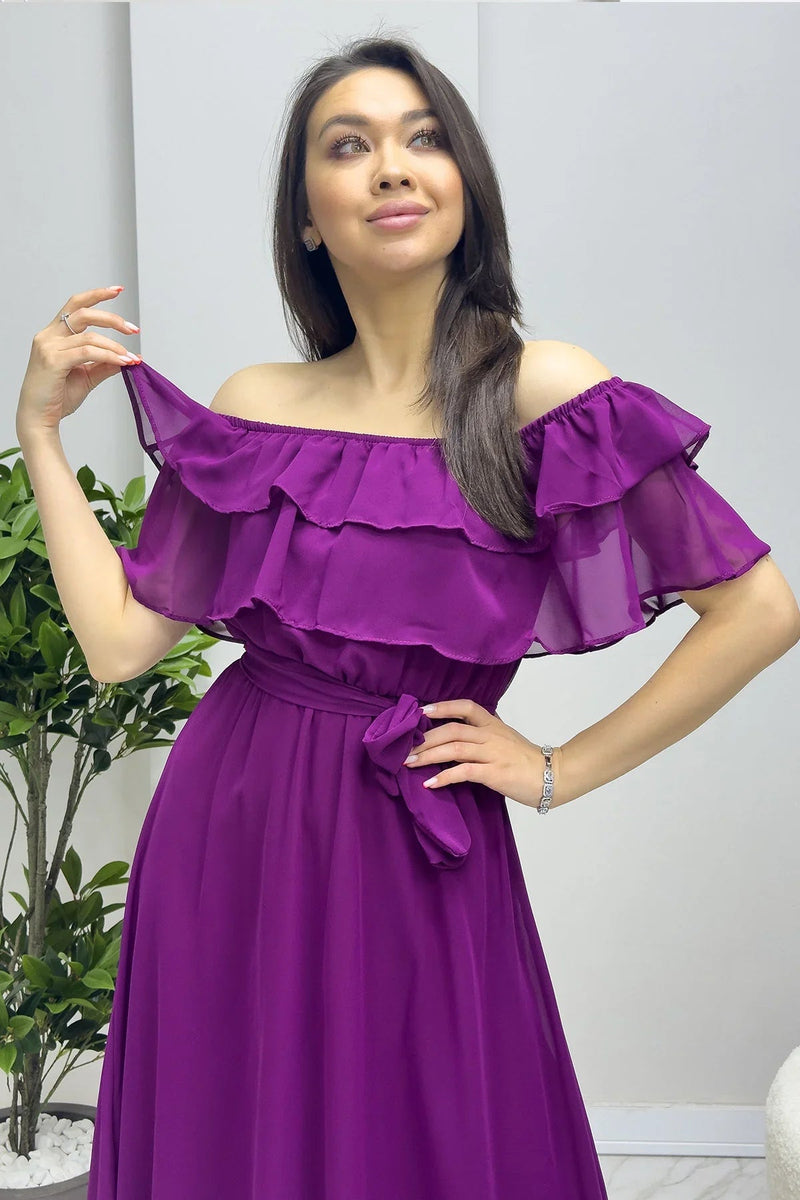 Women's Plum Madonna Carmen Ruffle Neck Plus Size Chiffon Dress