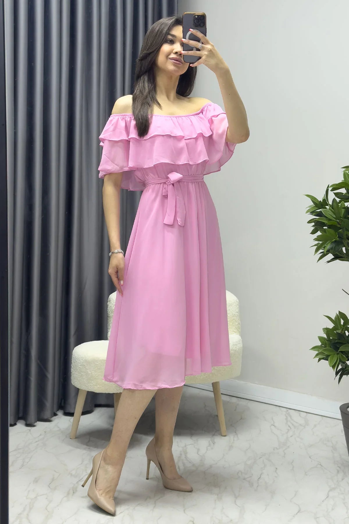 Women's Pink Madonna Carmen Ruffle Neck Plus Size Chiffon Dress