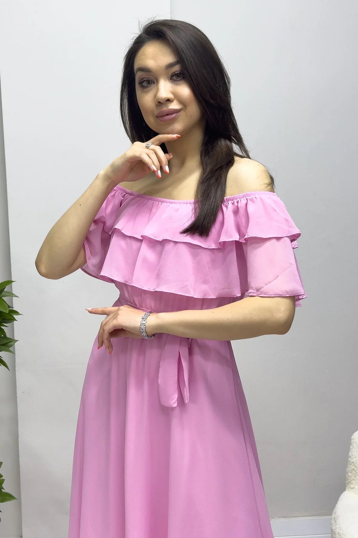 Women's Pink Madonna Carmen Ruffle Neck Plus Size Chiffon Dress