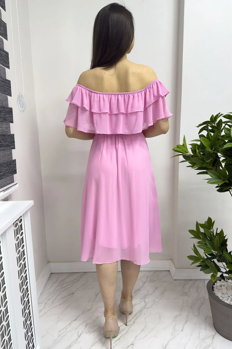 Women's Pink Madonna Carmen Ruffle Neck Plus Size Chiffon Dress