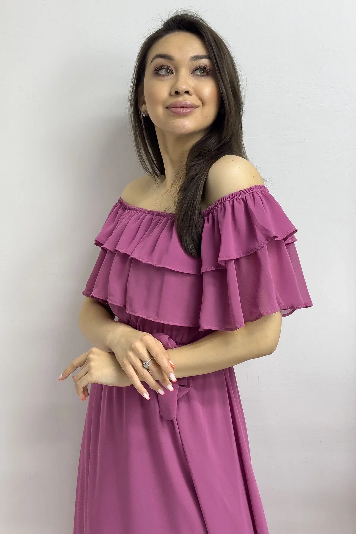 Women's Dusty Rose Madonna Carmen Ruffle Neck Plus Size Chiffon Dress