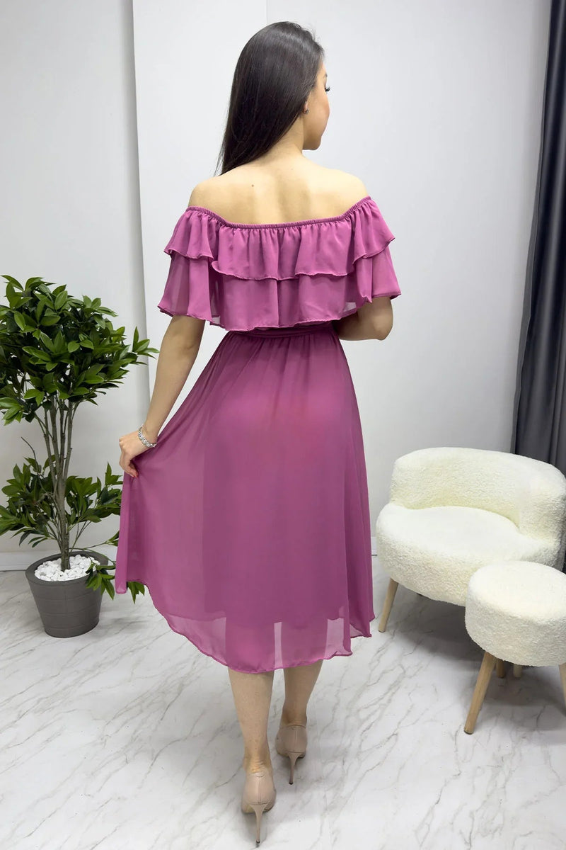 Women's Dusty Rose Madonna Carmen Ruffle Neck Plus Size Chiffon Dress