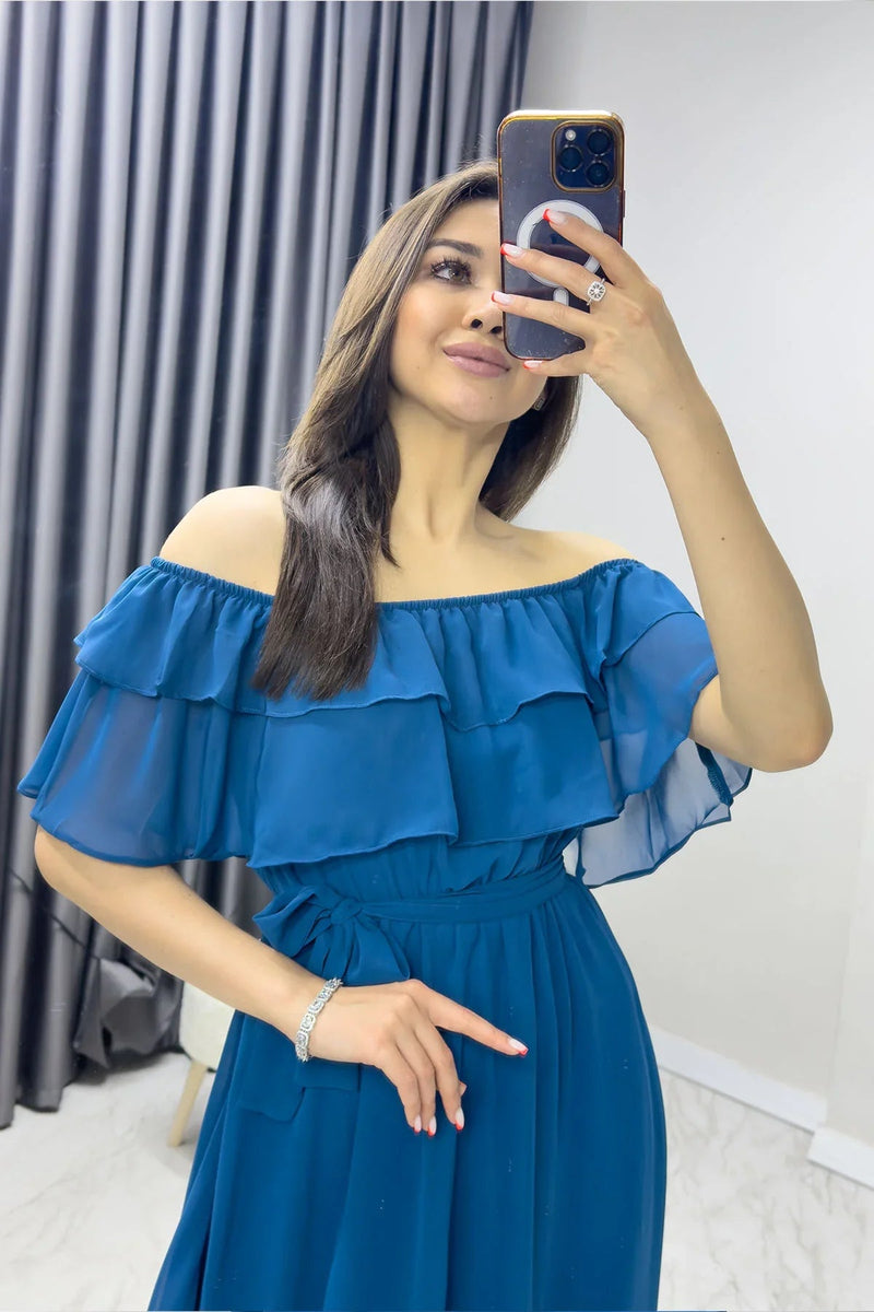 Women's Petrol Blue Madonna Carmen Ruffle Neck Plus Size Chiffon Dress