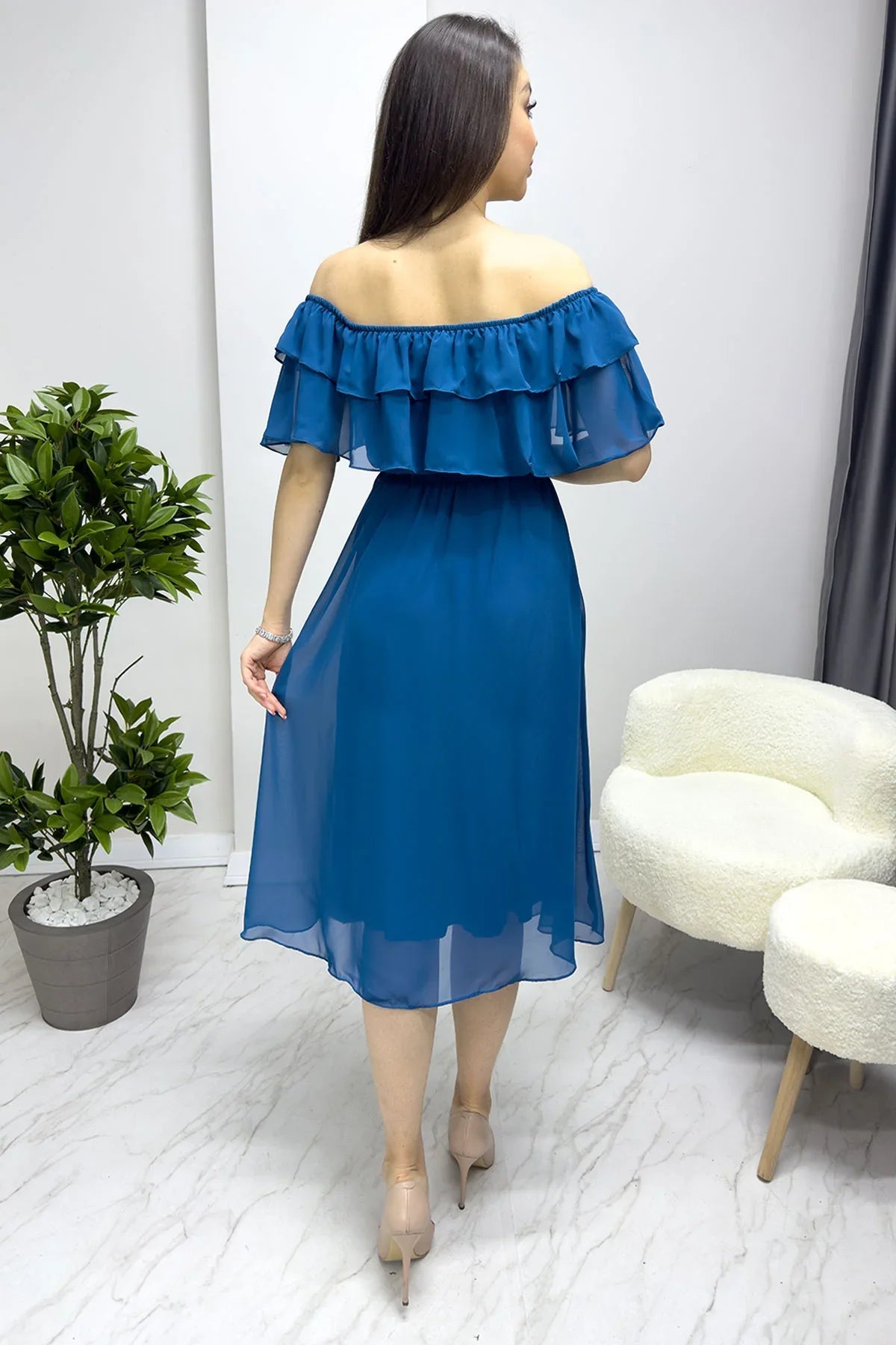 Women's Petrol Blue Madonna Carmen Ruffle Neck Plus Size Chiffon Dress