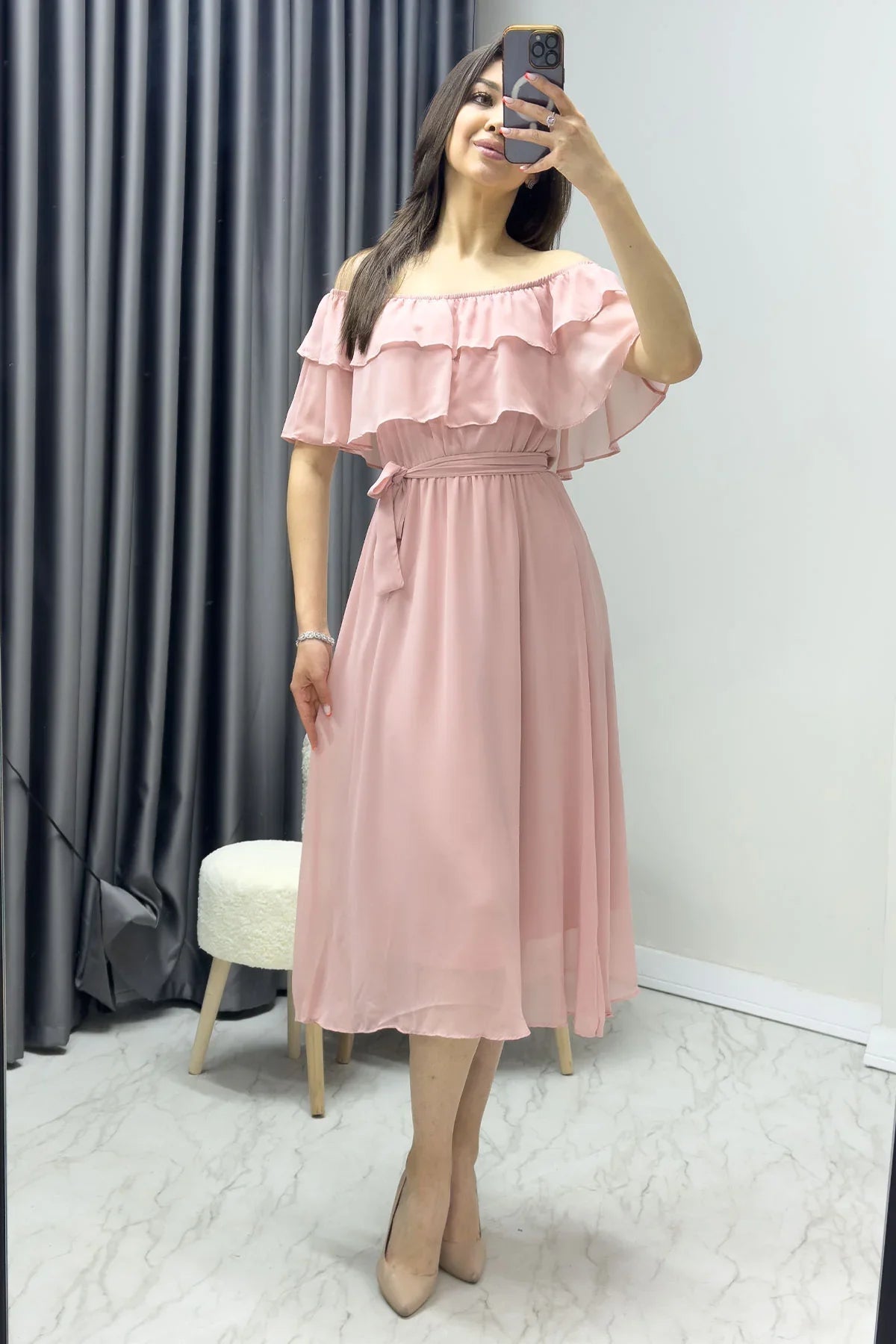 Women's Powder Pink Madonna Carmen Ruffle Neck Plus Size Chiffon Dress