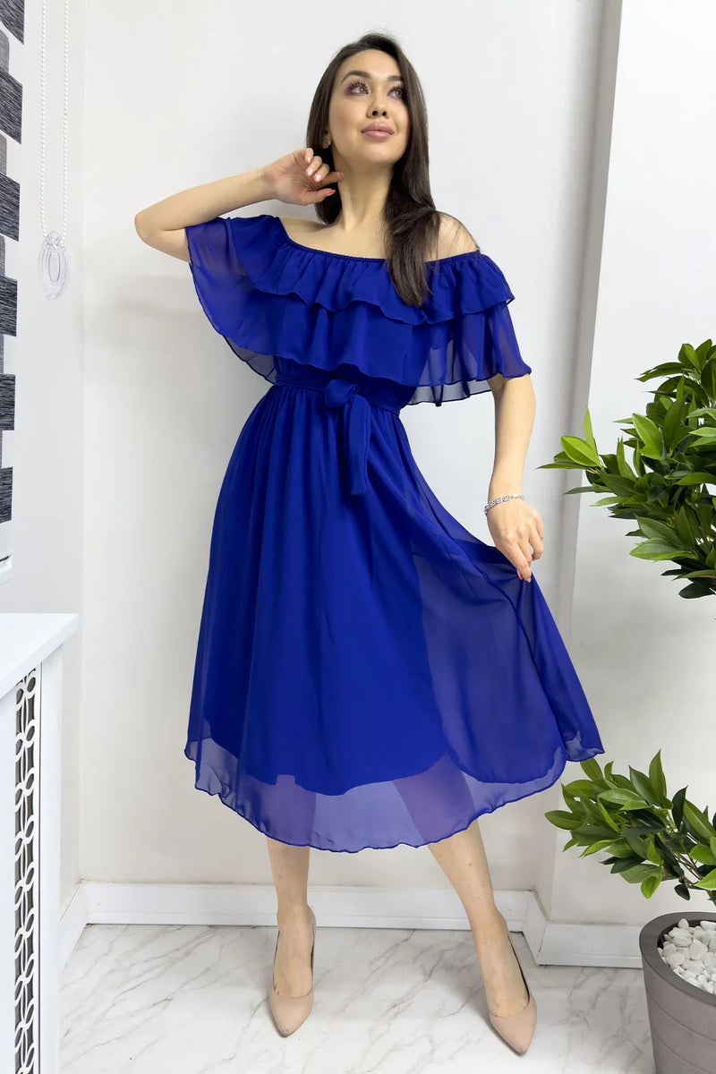 Women's Saxe Madonna Carmen Ruffle Neck Plus Size Chiffon Dress