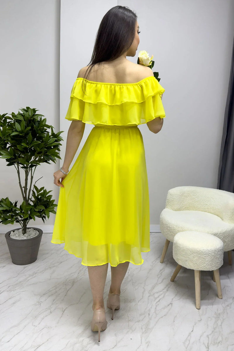 Women's Yellow Madonna Carmen Ruffle Neck Plus Size Chiffon Dress