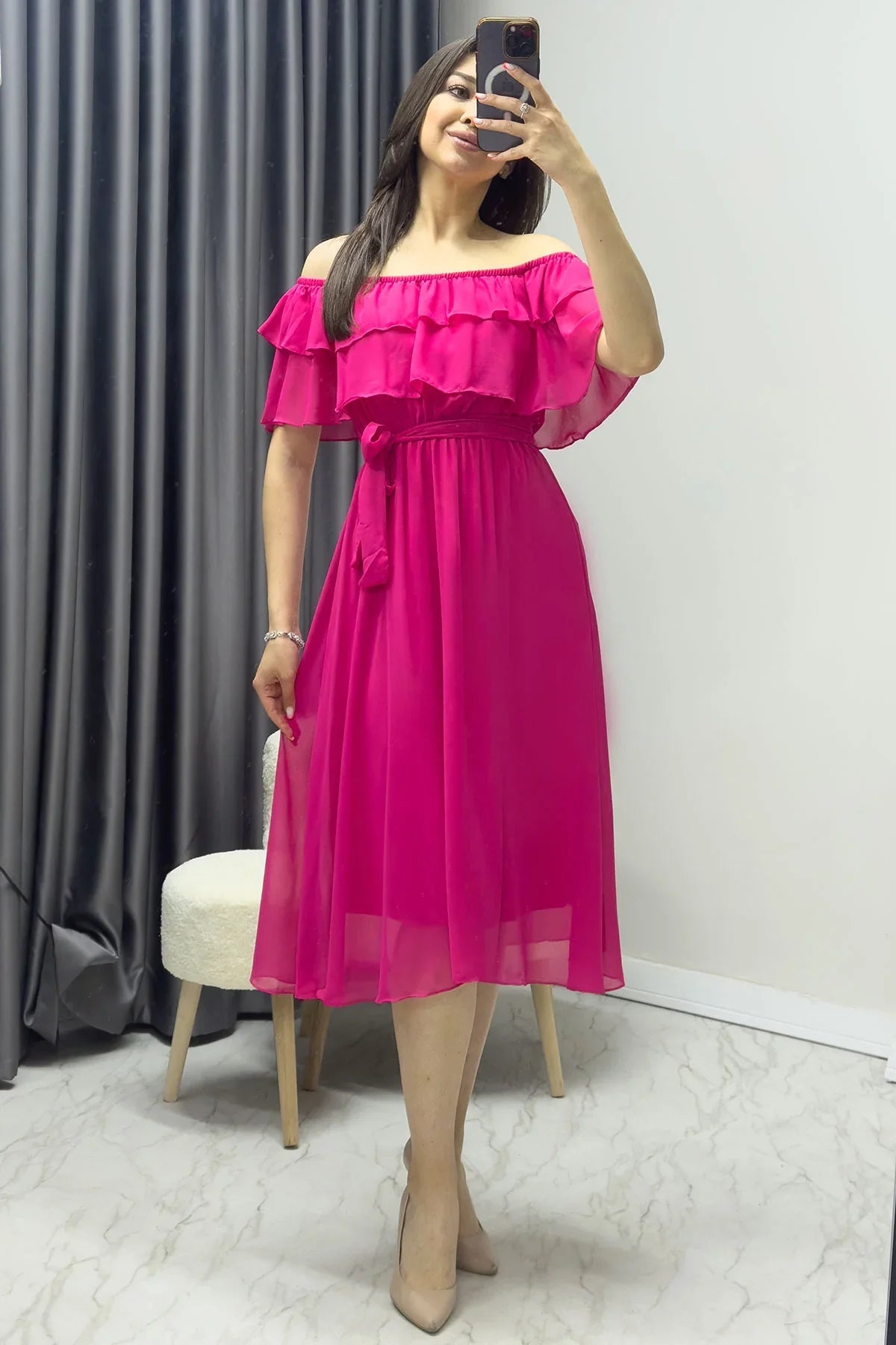 Women's Fuchsia Madonna Carmen Ruffle Neck Plus Size Chiffon Dress