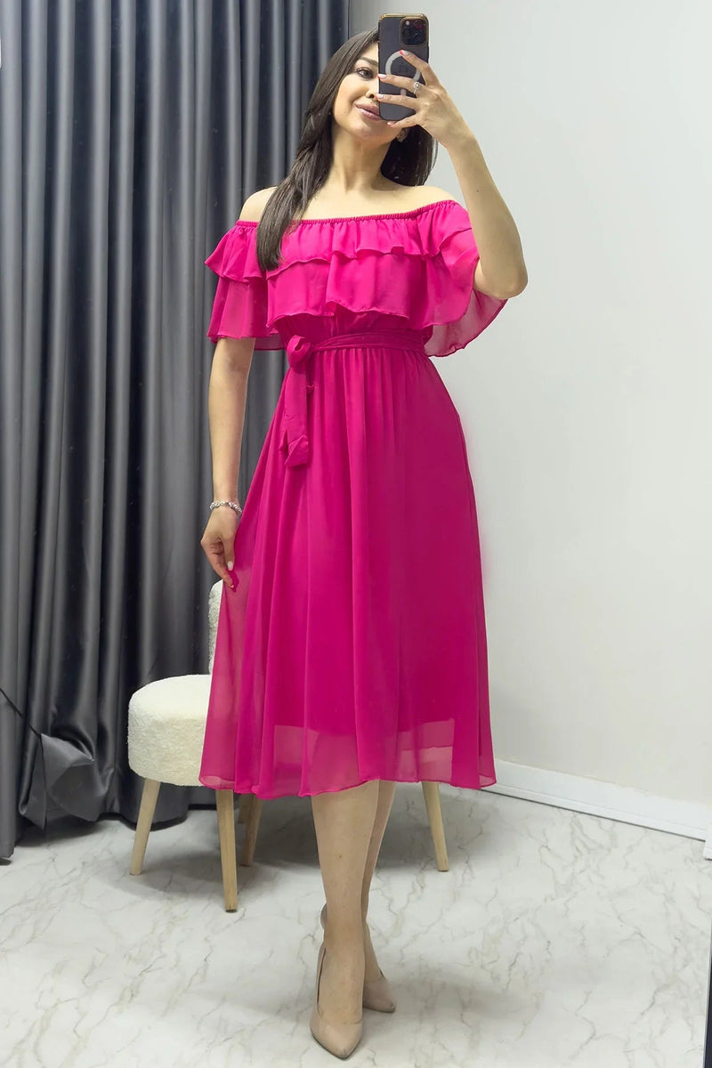 Women's Fuchsia Madonna Carmen Ruffle Neck Plus Size Chiffon Dress