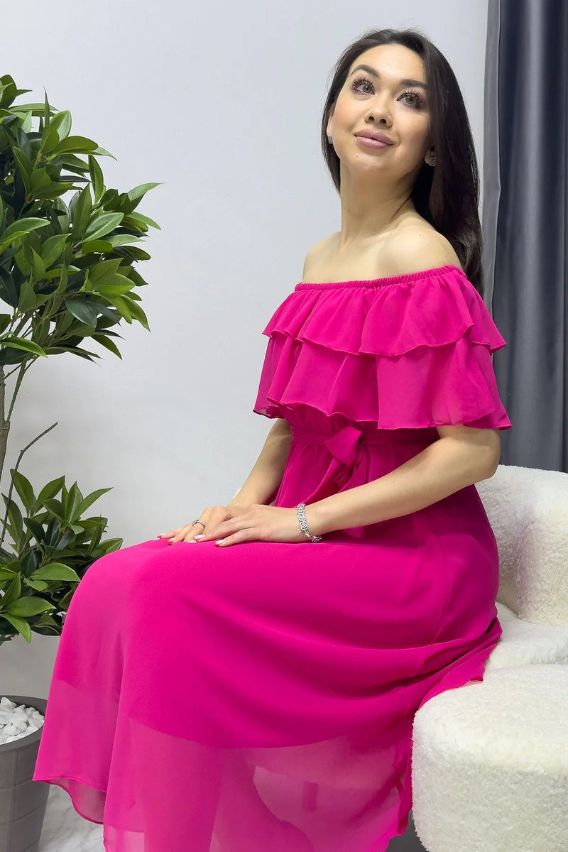 Women's Fuchsia Madonna Carmen Ruffle Neck Plus Size Chiffon Dress