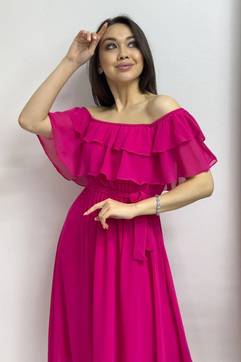 Women's Fuchsia Madonna Carmen Ruffle Neck Plus Size Chiffon Dress