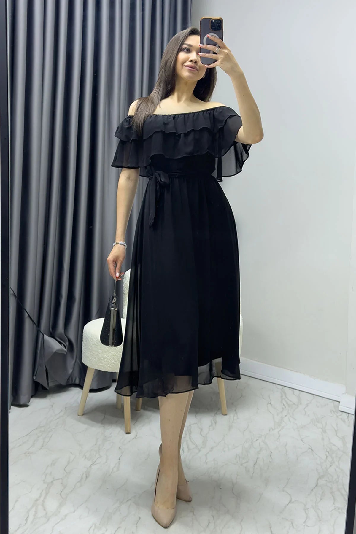 Women's Black Madonna Carmen Ruffle Neck Plus Size Chiffon Dress