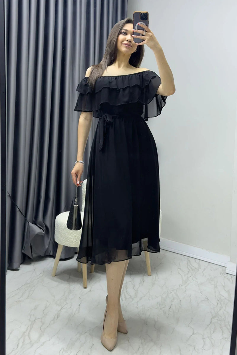 Women's Black Madonna Carmen Ruffle Neck Plus Size Chiffon Dress