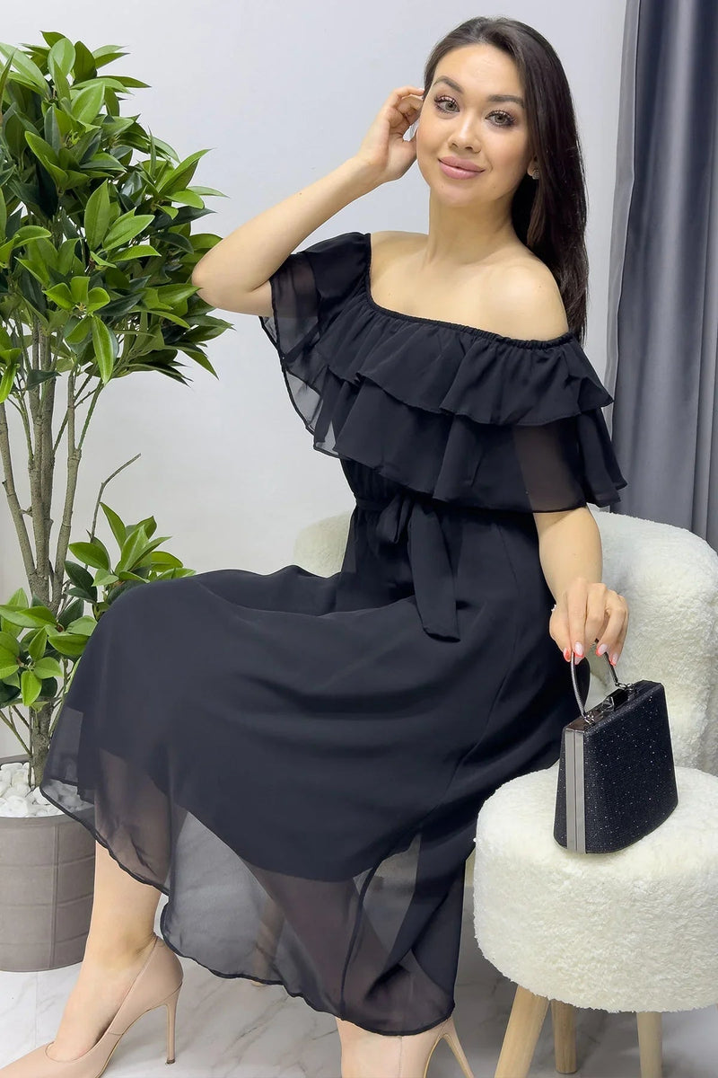 Women's Black Madonna Carmen Ruffle Neck Plus Size Chiffon Dress