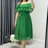 Grass Green Madonna Carmen Ruffled Collar Plus Size Chiffon Dress