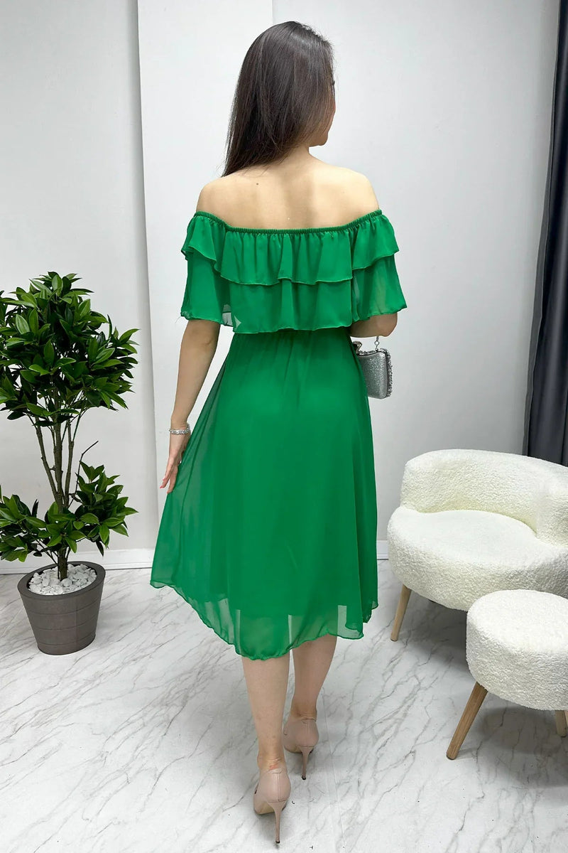 Women's Çimen Greeni Madonna Carmen Ruffle Neck Plus Size Chiffon Dress