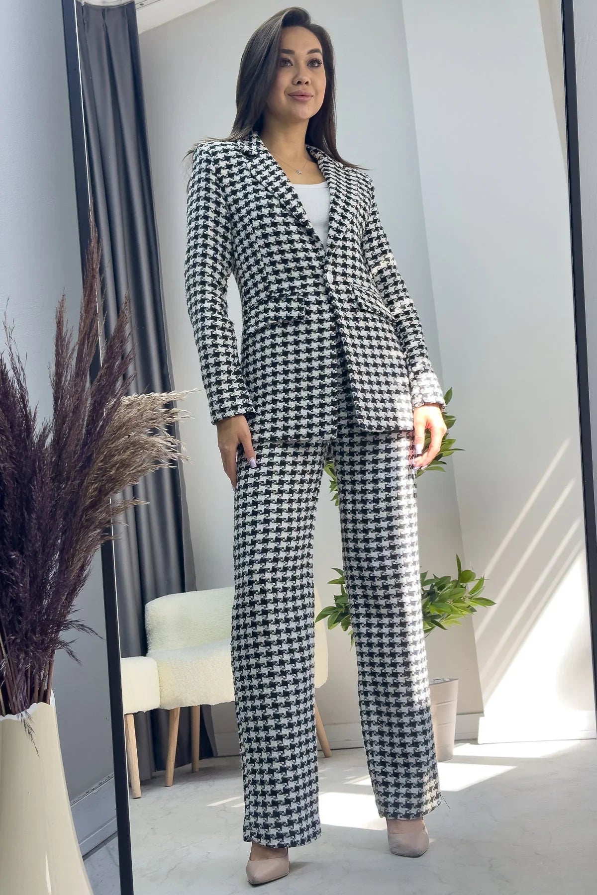 Women's Black White Kazayağı Jacket Pants Two-Piece Set