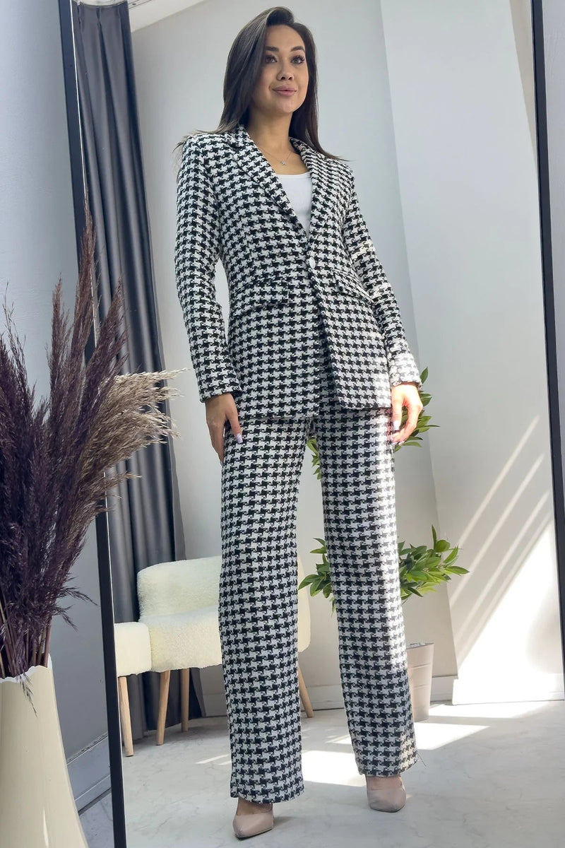 Women's Black White Kazayağı Jacket Pants Two-Piece Set