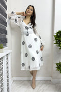 White Floral Pattern Cross-Over Neckline Balloon Sleeve Belted Chiffon Dress
