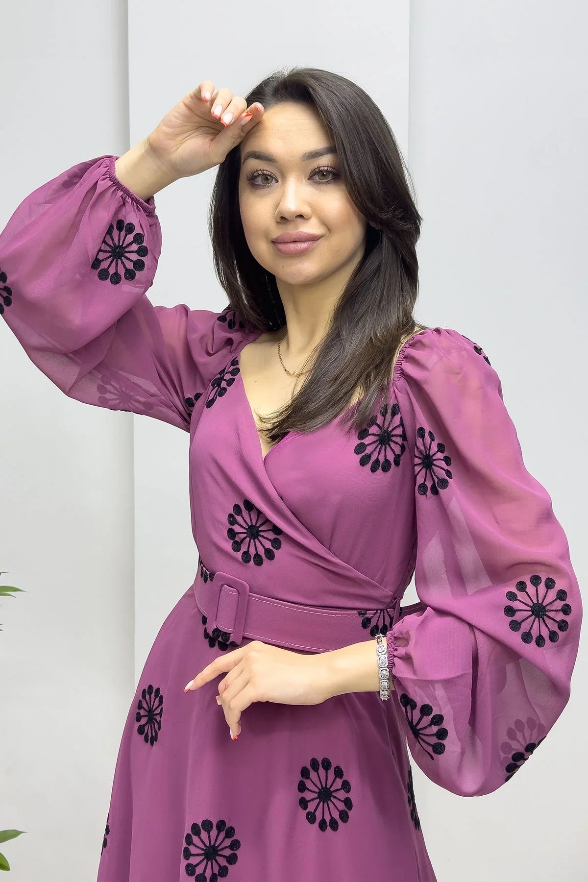 Women's Purple Çiçek Desen Wrap Neck Balloon Sleeve Belted Chiffon Dress