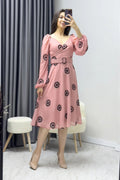 Powder Pink Floral Patterned Midi Chiffon Dress