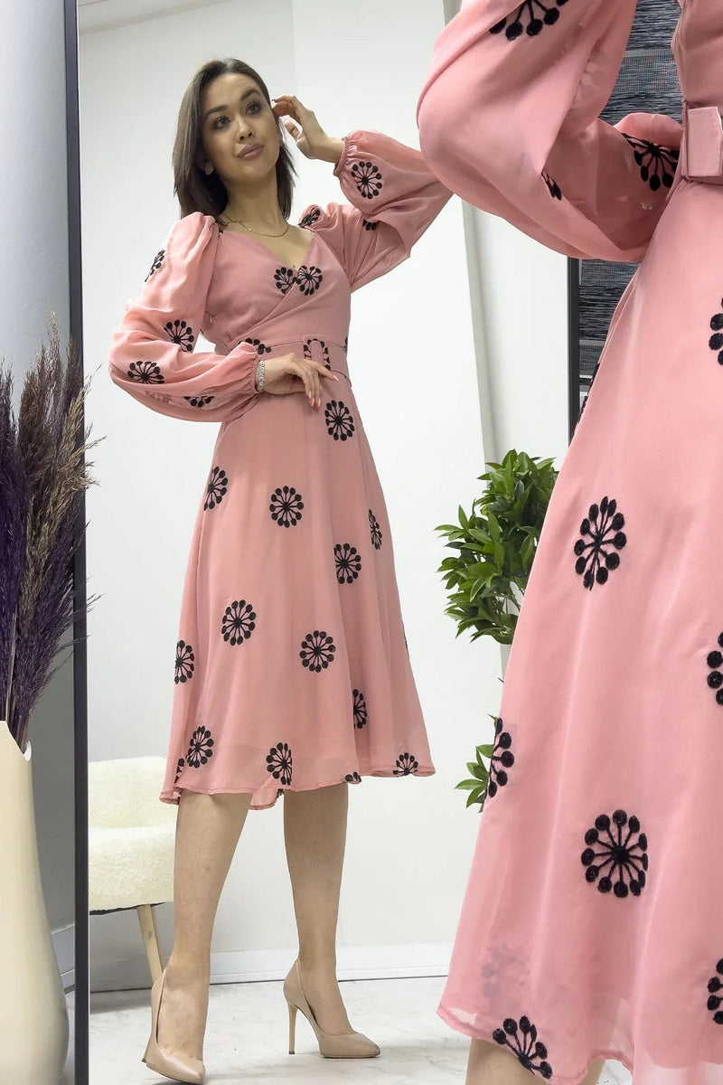 Women's Powder Pink Çiçek Desen Wrap Neck Balloon Sleeve Belted Chiffon Dress