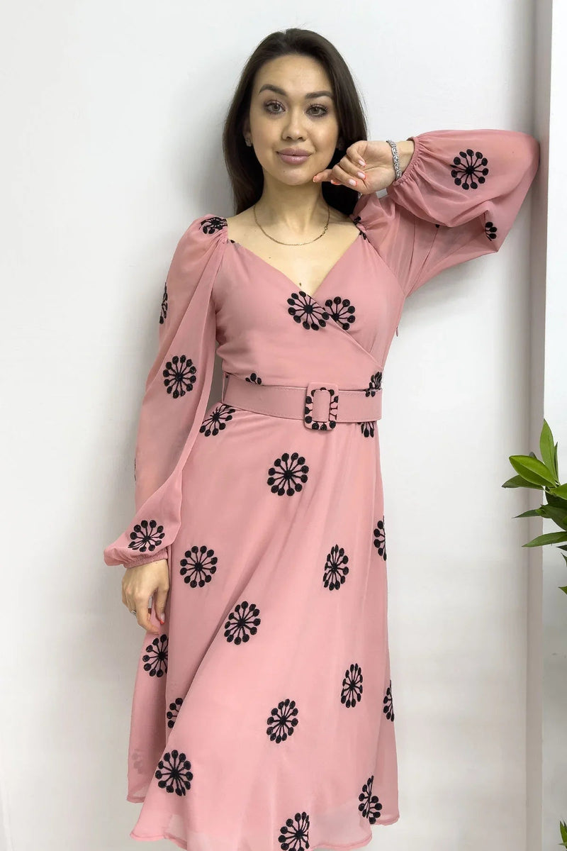 Women's Powder Pink Çiçek Desen Wrap Neck Balloon Sleeve Belted Chiffon Dress