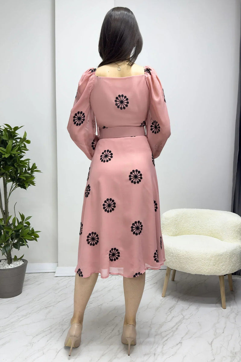Women's Powder Pink Çiçek Desen Wrap Neck Balloon Sleeve Belted Chiffon Dress